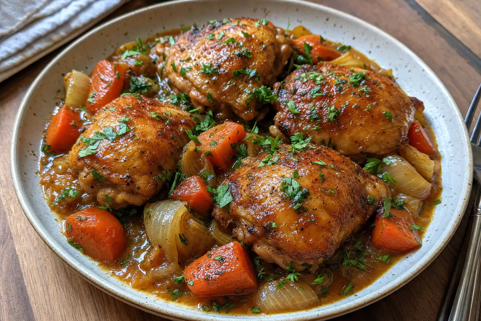 Braised Chicken with Carrots, Onion, and Thyme: braised chicken thighs with vegetables — Main Course recipe | Afoodrink