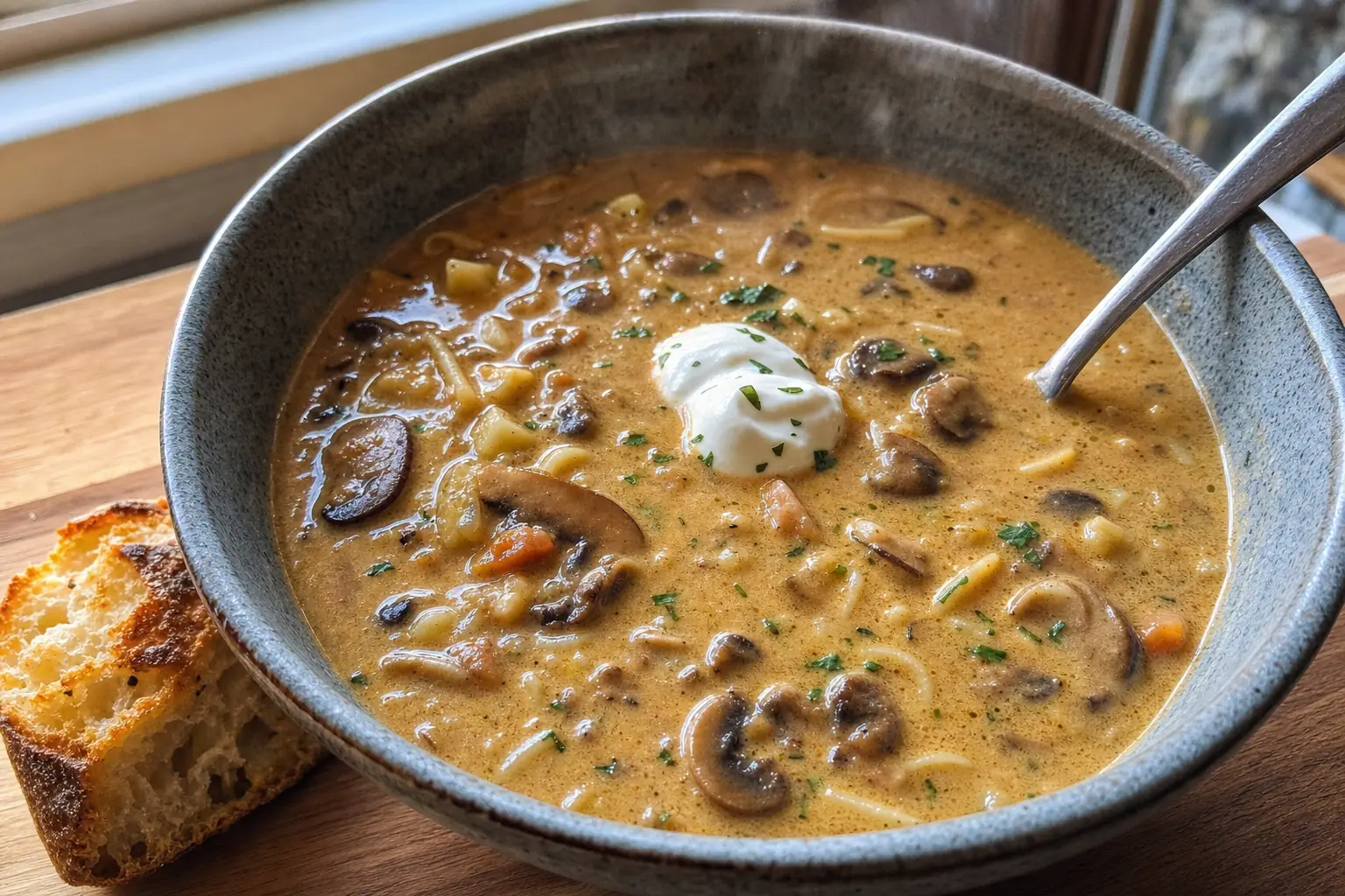 Hungarian Mushroom Soup: creamy hungarian mushroom soup with sour cream — Lunch & light meals recipe | Afoodrink