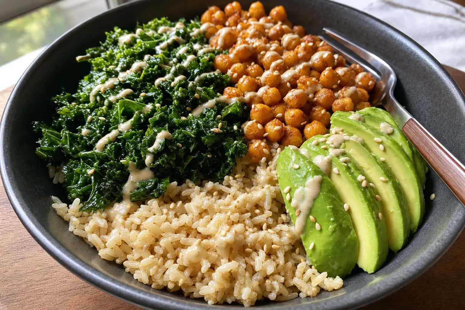 Kale Rice Bowl: kale brown rice bowl with tahini sauce — Vegan Recipes recipe | Afoodrink