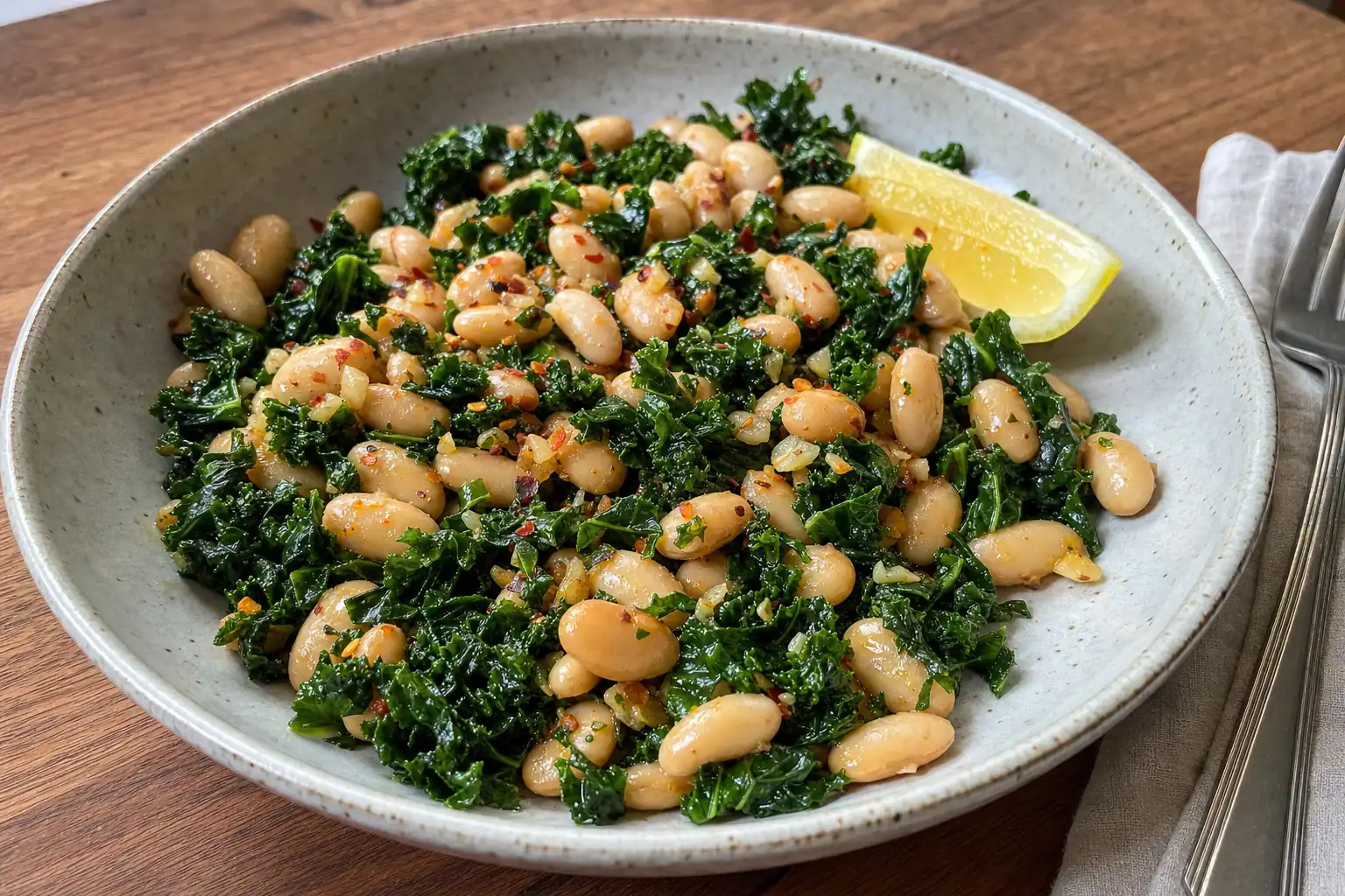 Pan-Fried Beans with Kale: pan-fried cannellini beans with kale — Vegan Recipes recipe | Afoodrink