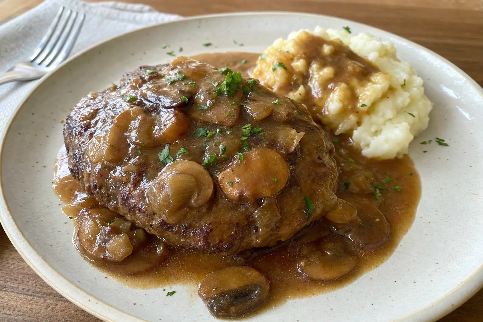 Salisbury Steak with Mushroom Onion Gravy: classic salisbury steak with gravy — Dinner recipe | Afoodrink