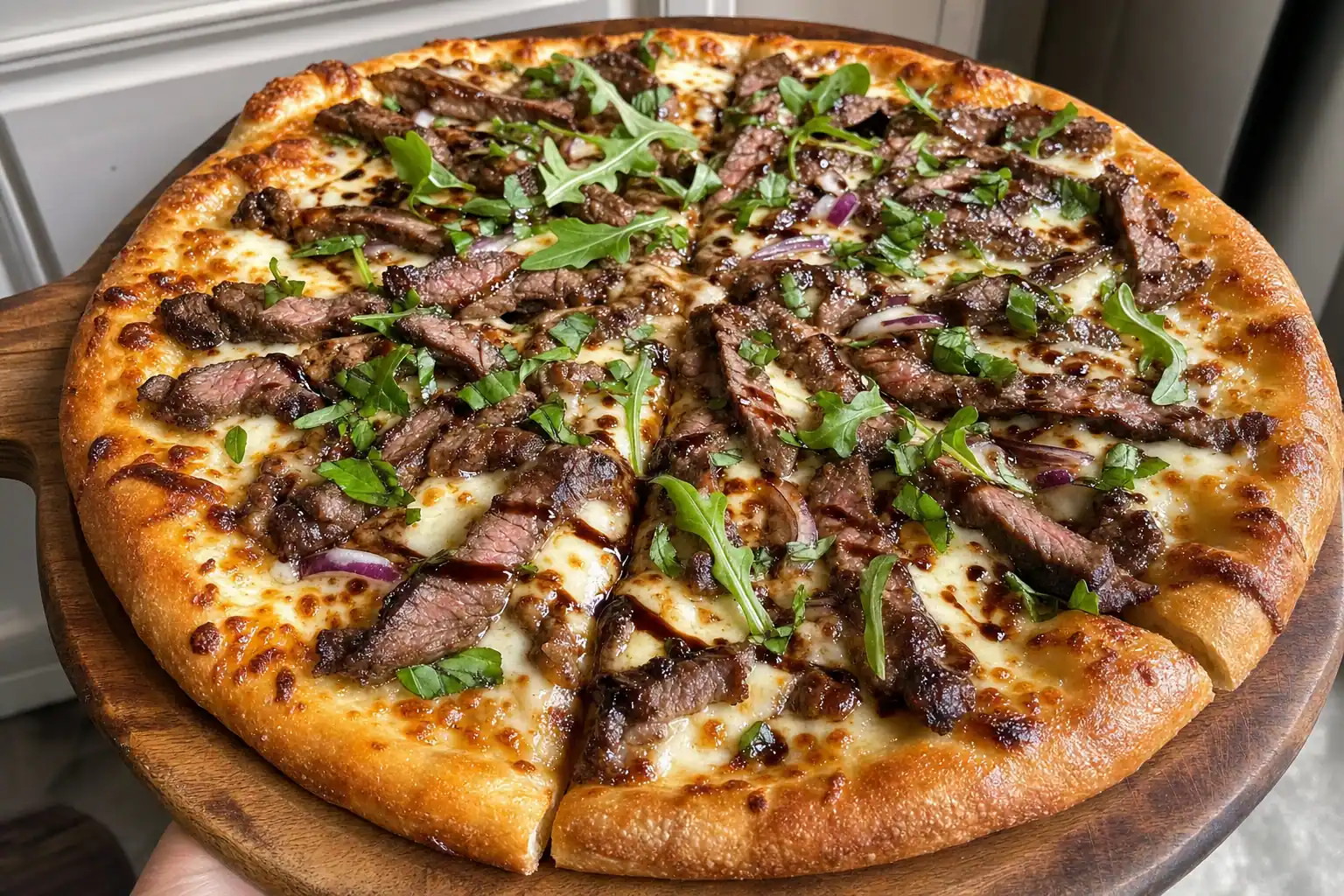 Steak Pizza with Mozzarella, Peppers, and Onions: homemade steak pizza with mozzarella — Main Course recipe | Afoodrink